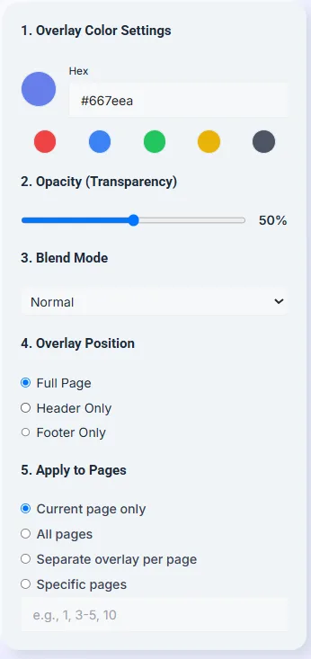  Overlay settings panel with color, opacity, blend mode, position, and page selection options.