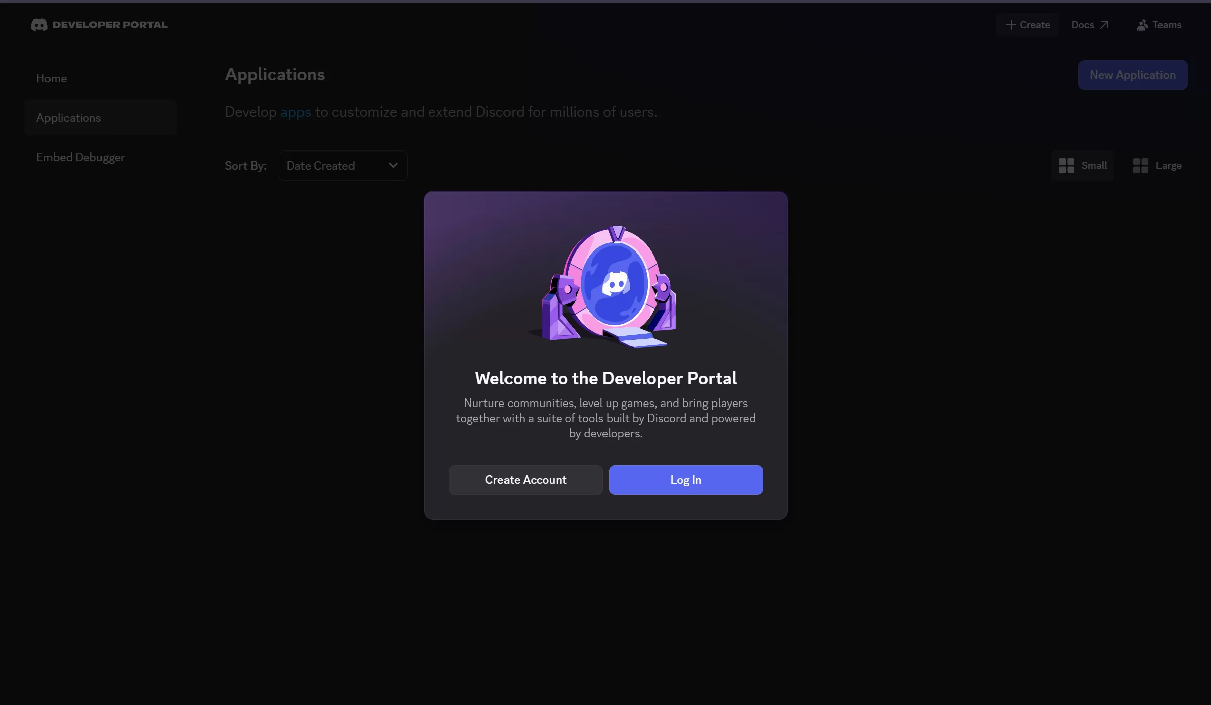 Picture of the discord developer application page