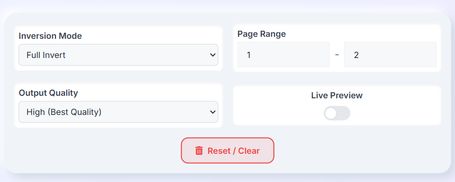 Settings panel showing inversion options, page range, output quality, and live preview.