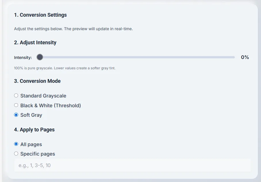 Grayscale conversion settings panel.