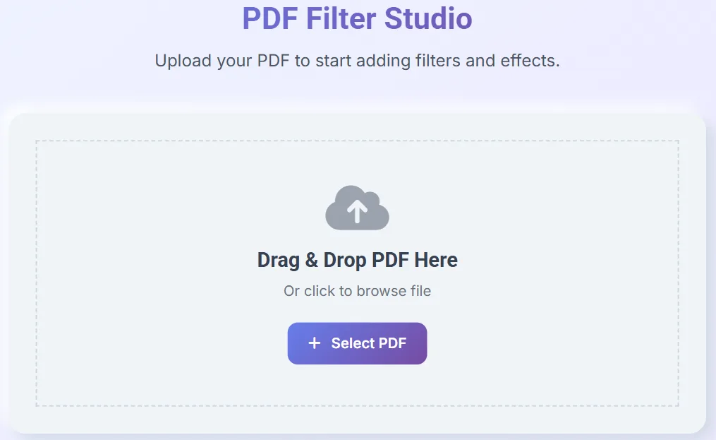 Upload screen with drag-and-drop support and Select PDF button.