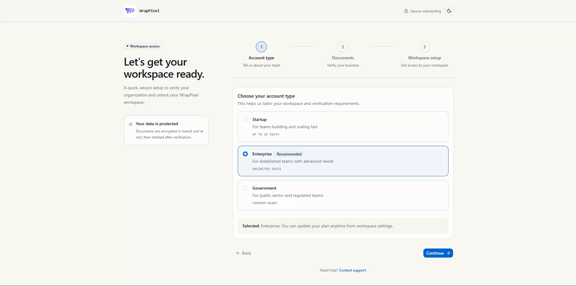 Step 1: Account type with a radio group
