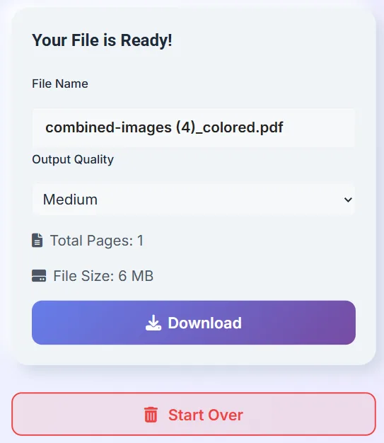 Download section with filename, page count, file size, and Download button.