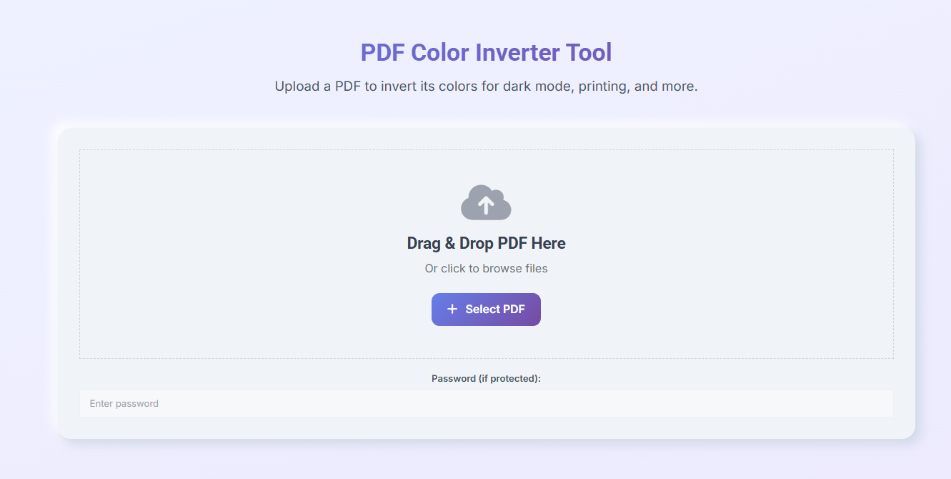 Upload screen with drag-and-drop support, Select PDF button, and password field.