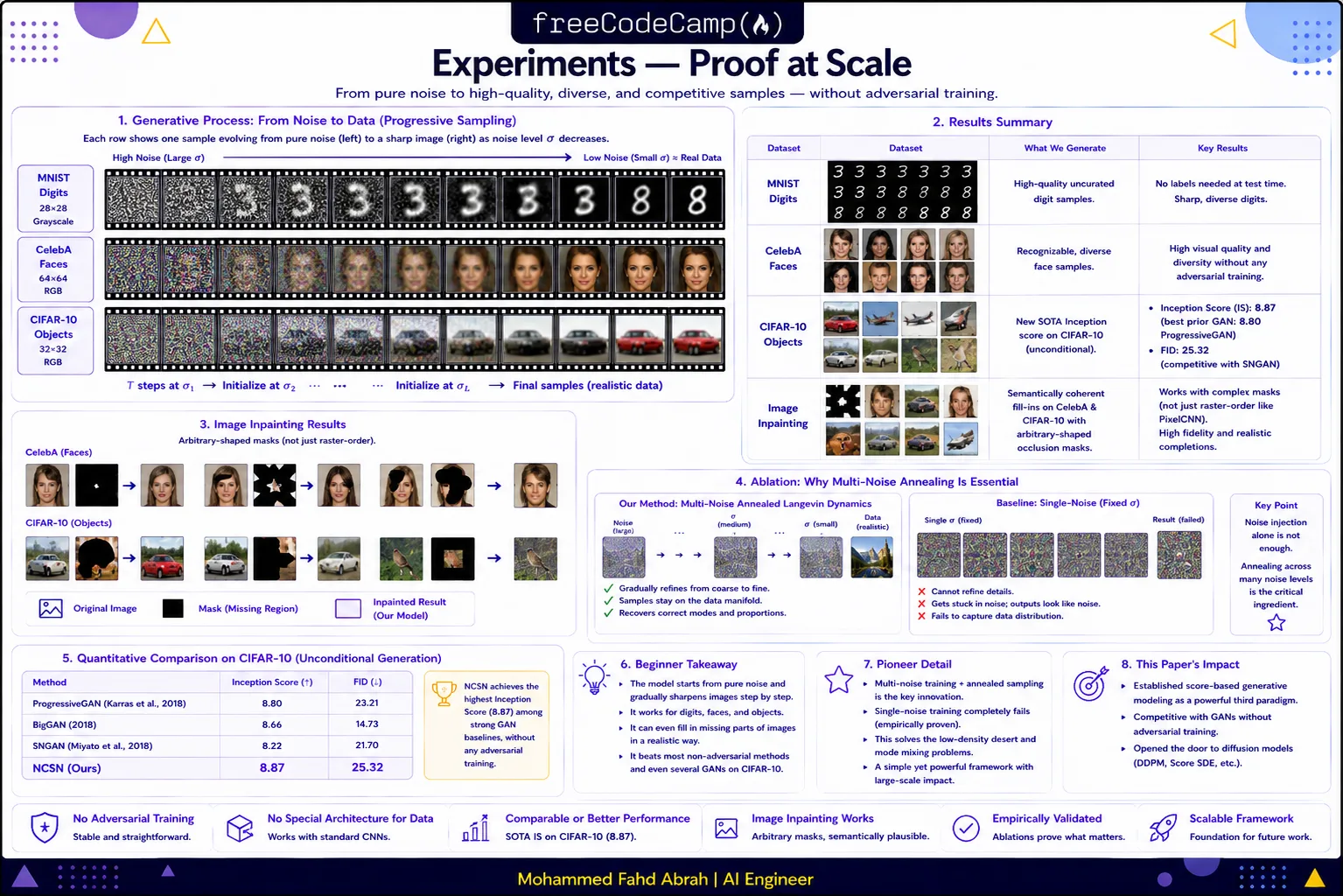 Experimental results showing progressive image generation, quantitative benchmarks, image inpainting, and ablation studies for NCSNs.