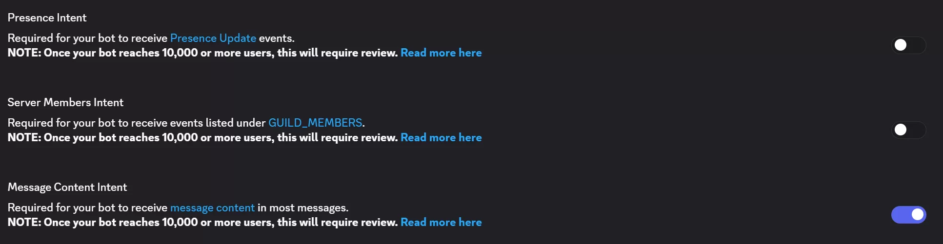What should the "Message Content Intent" section look like