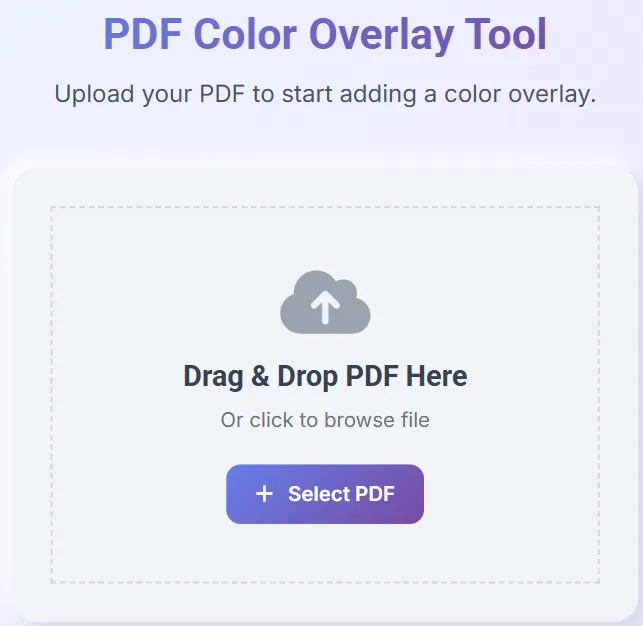 Upload area showing drag-and-drop support and Select PDF button.