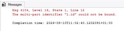 The image shows error returned when the correlated subquery is executed outside the main query